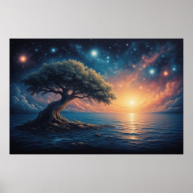 Poster Arbre Solitaire sur l'Océan au Coucher du Soleil � (Devant)
