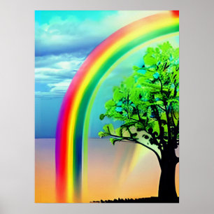 Poster Arbre vert sous arc-en-ciel