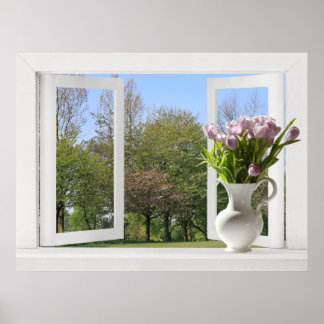 Poster Arbres au printemps - Vue de fenêtre ouverte avec 