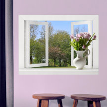 Arbres au printemps - Vue sur fenêtre ouverte avec