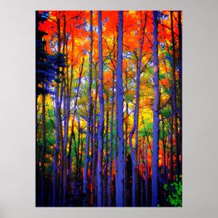 Poster Arbres d'automne aux troncs bleus et aux feuilles 