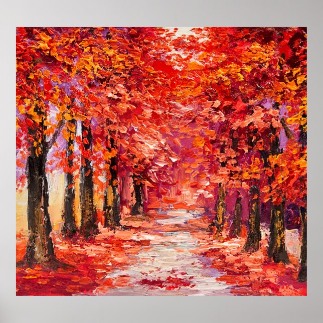Poster Arbres d'automne colorés, peinture impressionniste (Devant)