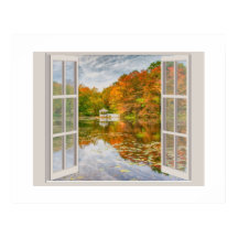 Arbres d'automne et étang vus par une fenêtre ouve