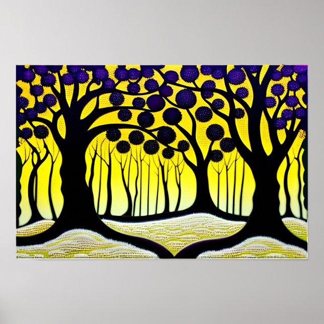 Poster Arbres fruitiers pourpres avec arrière - plan jaun (Devant)