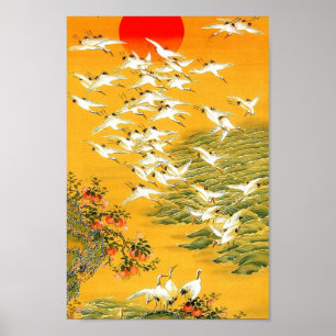 Poster Arbres oranges, coucher du soleil et art asiatique
