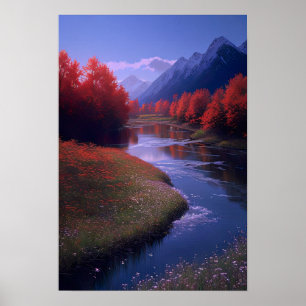 Poster Arbres rouges et fleurs au bord de la rivière
