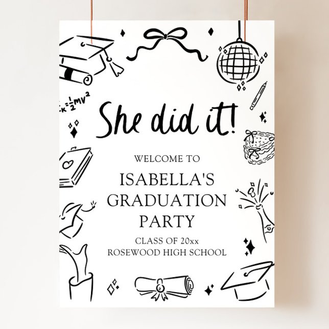 Poster Arc Dessiné à la Main Elle a fait la Fête de Remis (Hand Drawn Bow She Did it Graduation Party Welcome Poster)