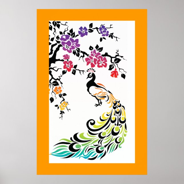 Poster Arc-en-ciel, paon noir et fleurs de cerisiers (Devant)