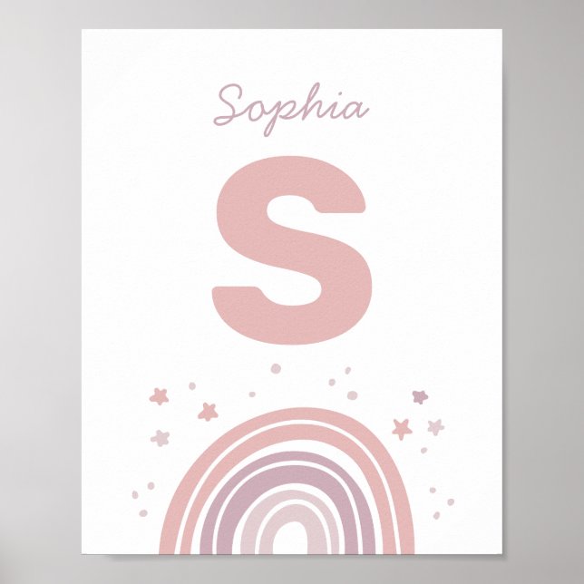 Poster Arc-en-ciel rose et violet. Nom monogramme enfant (Devant)