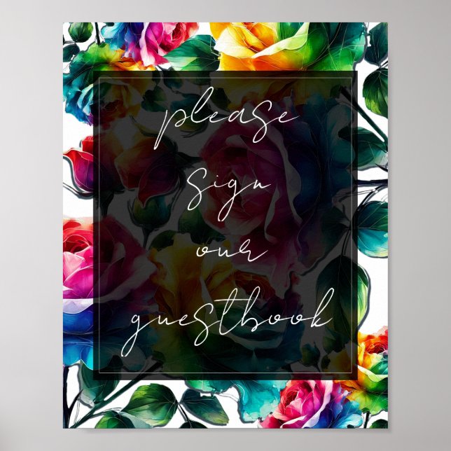 Poster Arc-en-ciel Rose Floral Mariage Signer notre livre (Devant)