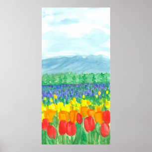Poster Arc-en-ciel Tulip Field Aquarelle Fleurs