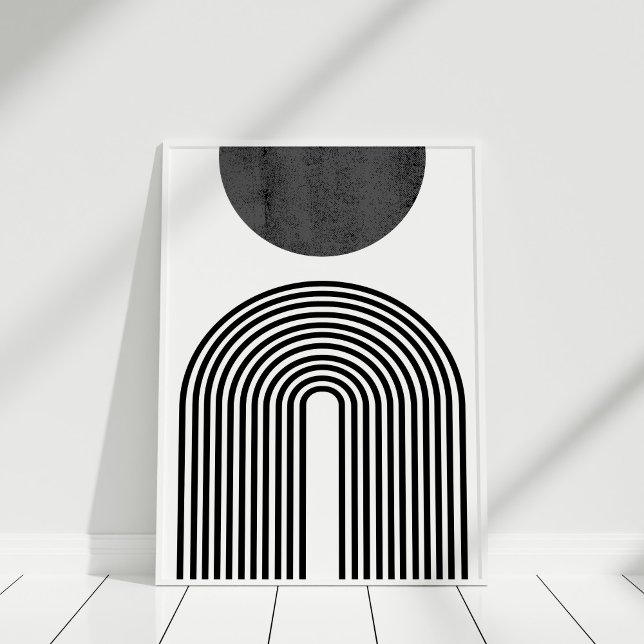 Poster Arc minimaliste noir et blanc et cercle Abstrait (Black and White Boho Sun and Rainbow Wall Art against white wall in white frame.)