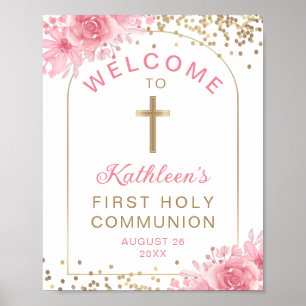 Poster Arc Or rose Floral Première Communion Sainte Bienv