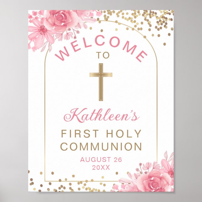 Poster Arc Or rose Floral Première Communion Sainte Bienv (Devant)
