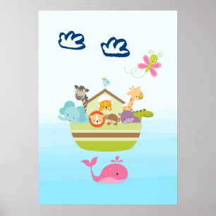 Poster Arche animal mignonne avec papillon et baleine