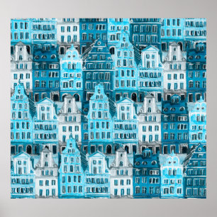 Poster Architecture d'Amsterdam, aquarelle bleue.