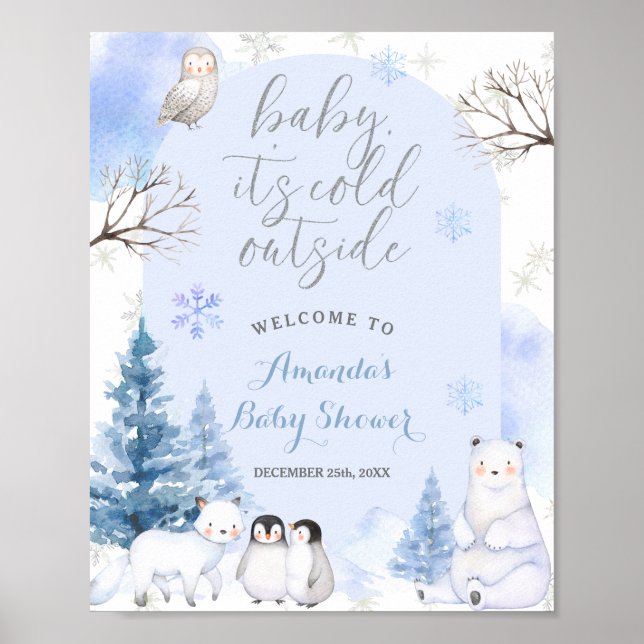 Poster ARCTIQUE ANIMAL Snowflakes Arbres Baby shower Bien (Devant)