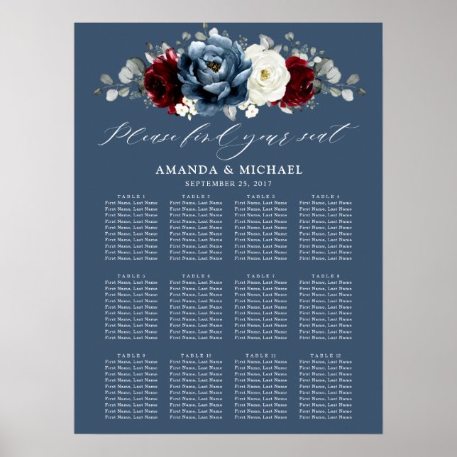 Poster Ardoise Bleu Bourgogne Blanc Ivory Boho Carte de s (Devant)