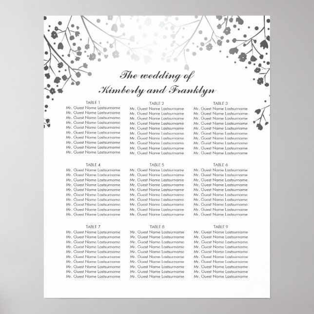 Poster Argent Bébé's Breath White Mariage Seating Chart (Devant)