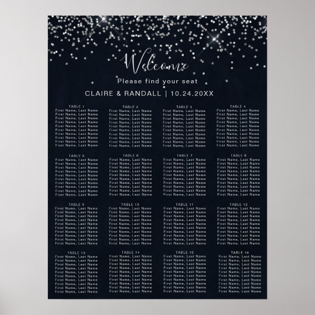 Poster Argent Confetti Calligraphie Mariage Carte de sièg (Devant)