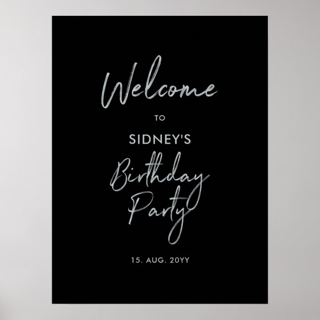 Poster Argent et Noir moderne fête d'anniversaire Bienven (Devant)