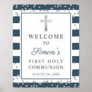 Poster Argent Marine Stripes Première communion Bienvenue