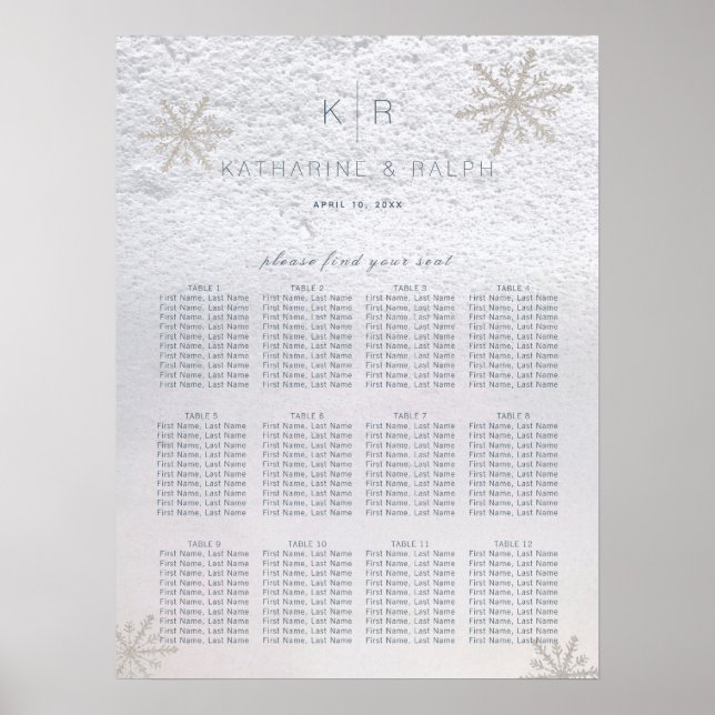 Poster Argent Snowflake Hiver Mariage Carte de siège (Devant)