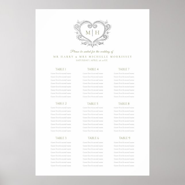 Poster Argent vert couronne mariage assise (Devant)