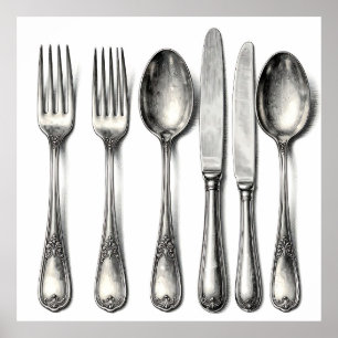 Poster Argenterie vintage ornée couverts cuisine