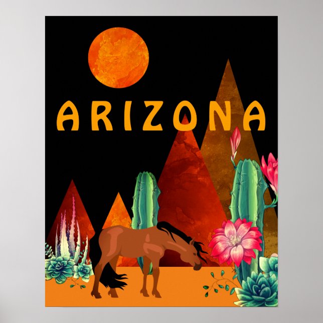 Poster Arizona ~ Montagnes, Désert, Cheval et Pleine lune (Devant)