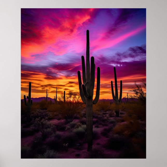 Poster Arizona Saguaro Cactus Sud-Ouest Désert Sunset (Devant)