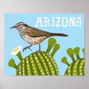 Poster Arizona Saguaro Cactus Wren Cute Bird Nature