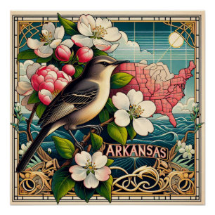 Poster Arkansas State Flower and Bird Design bleu rouge