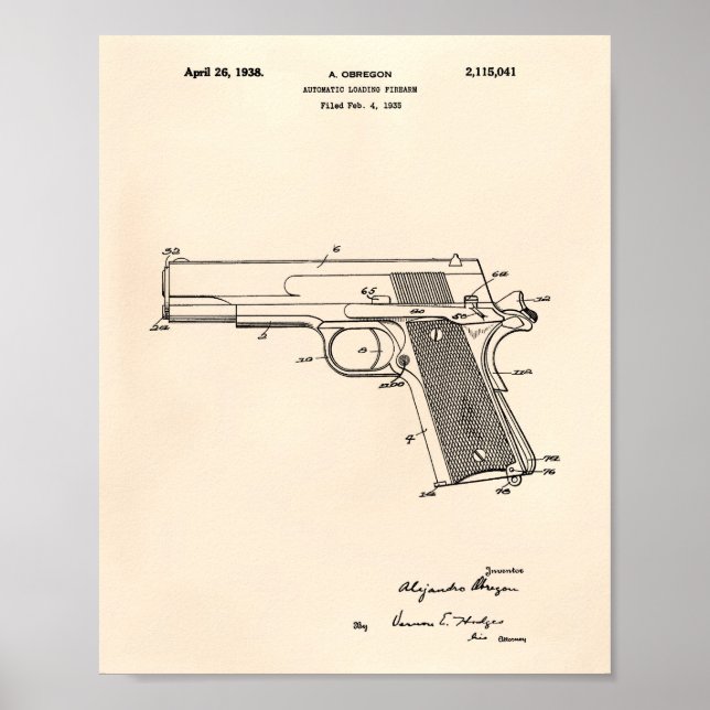 Poster Arme à feu automatique 1938 Brevet Art Vieux Poivr (Devant)