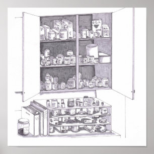 Poster Armoire de cuisine ouverte et étagères remplies de