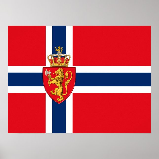 Poster Armoiries de Norvège sur le drapeau de la Norvège, (Devant)