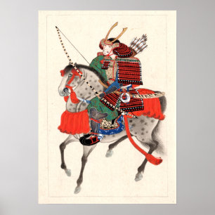 Poster armure et casque à corne, Samouraï à cheval