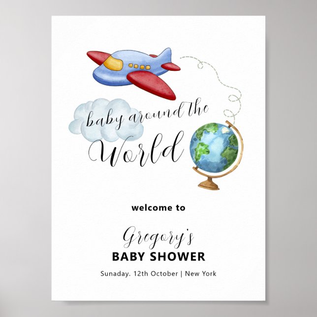 Poster Around The World Map Airplane Baby Shower Welcome (Devant)