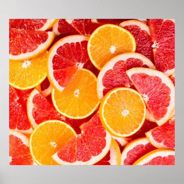 Poster Arrière-fond orangé et pamplemousse frais (Devant)