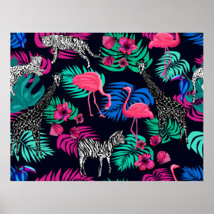 Poster arrière - plan africain de couleur, girafe, léopar