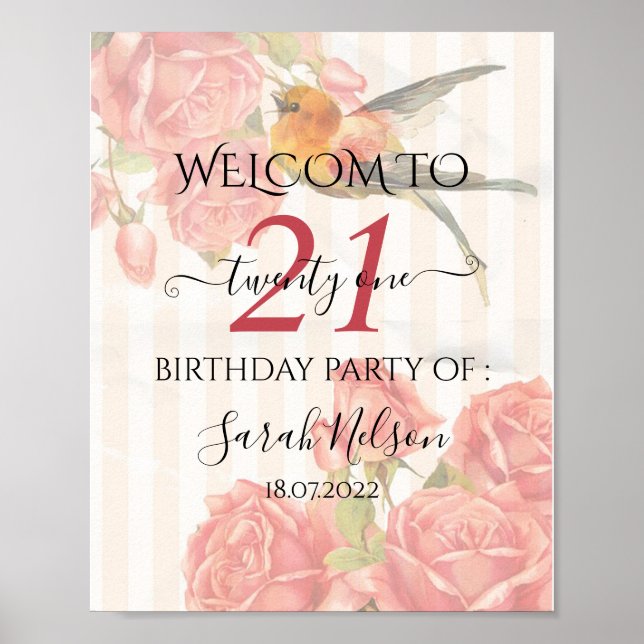 Poster Arrière - plan Avec Grilles Roses, Roses Et Colibr (Devant)