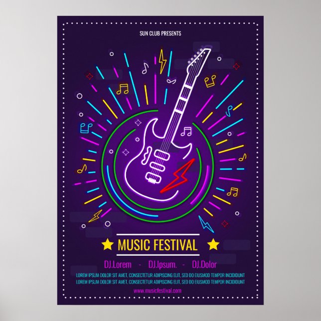 Poster Arrière - plan de musique néon avec guitare électr (Devant)