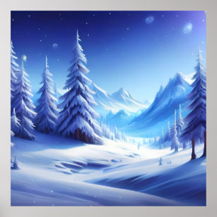 Poster arrière - plan d'hiver bleu brillant avec paysage 