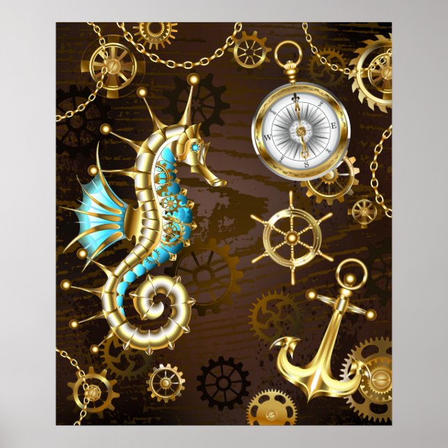 Poster Arrière - plan en bois avec cheval de mer mécaniqu (Devant)