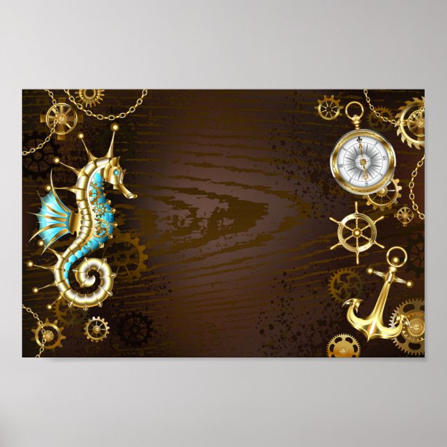 Poster Arrière - plan en bois avec cheval de mer mécaniqu (Devant)