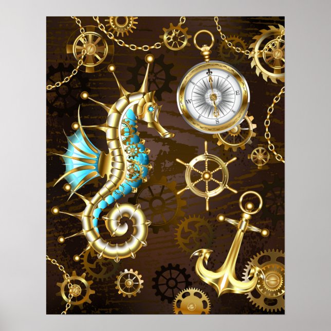 Poster Arrière - plan en bois avec cheval de mer mécaniqu (Devant)