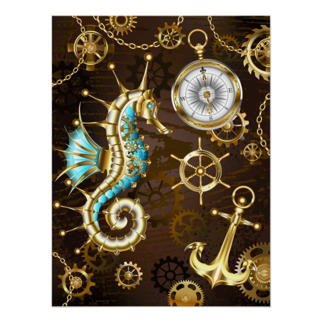 Poster Arrière - plan en bois avec cheval de mer mécaniqu (Devant)