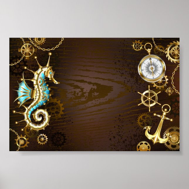 Poster Arrière - plan en bois avec cheval de mer mécaniqu (Devant)
