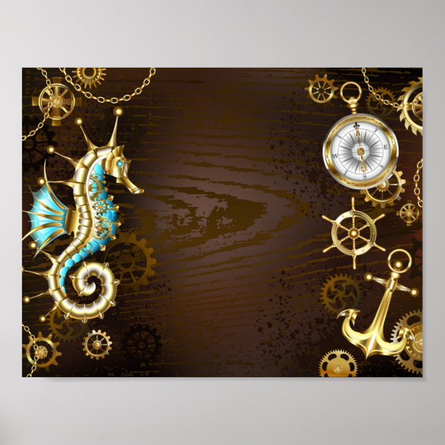 Poster Arrière - plan en bois avec cheval de mer mécaniqu (Devant)
