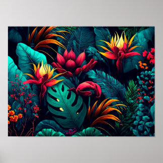 Poster Arrière - plan tropical aux fleurs exotiques et fe